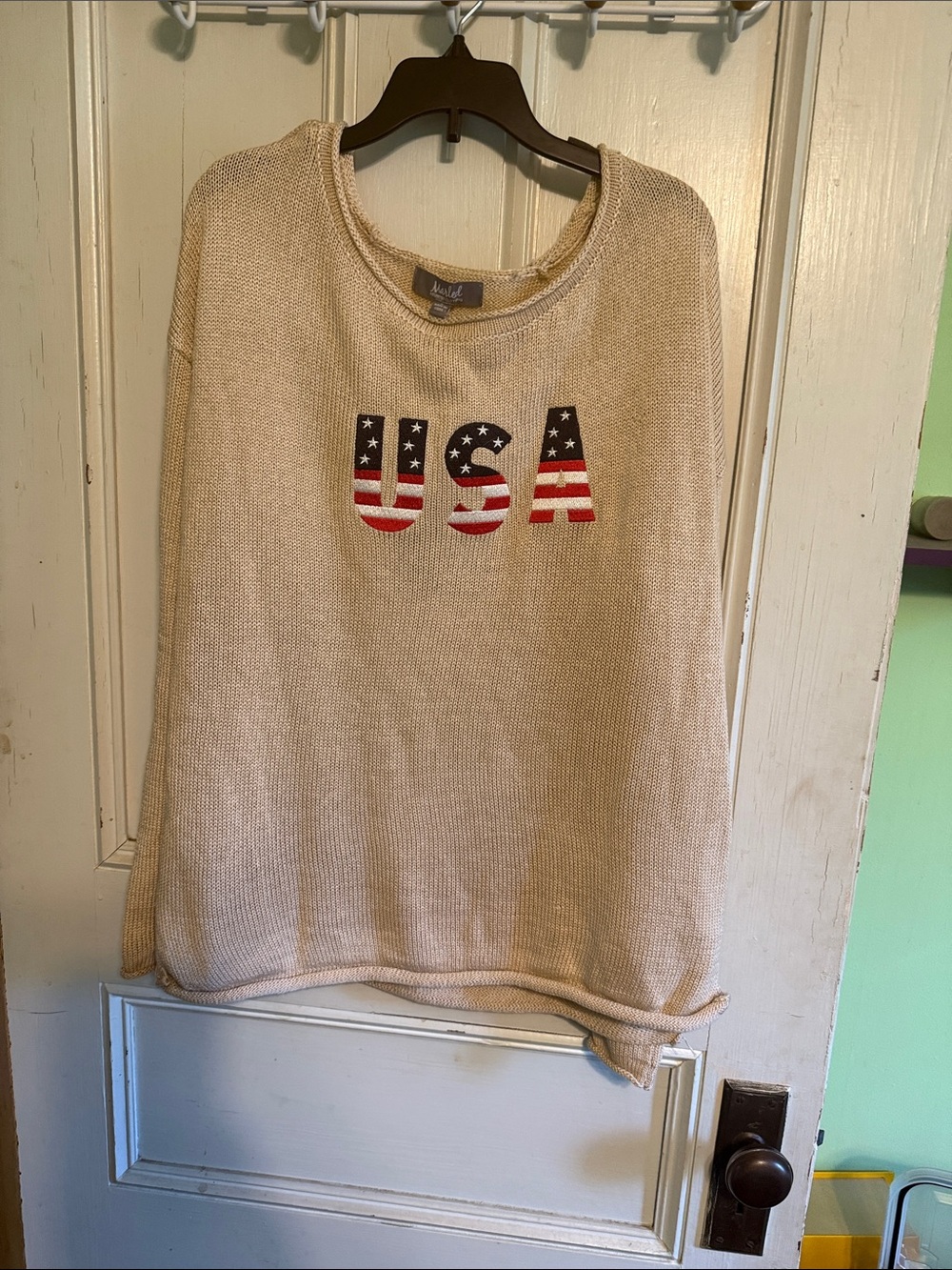 Marled Beige Crewneck Sweater with USA Applique